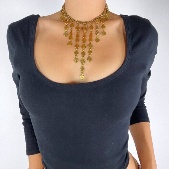 Vintage 90s Gold Coin Turkish Chandelier Choker Bib Necklace - Boho Jewelry - Picture 1 of 6